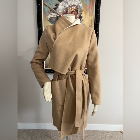NWT BCBGMAXAZRIA Heather Camel & Cream Chanel-Belted Wrap Coat - Picture 3 of 8